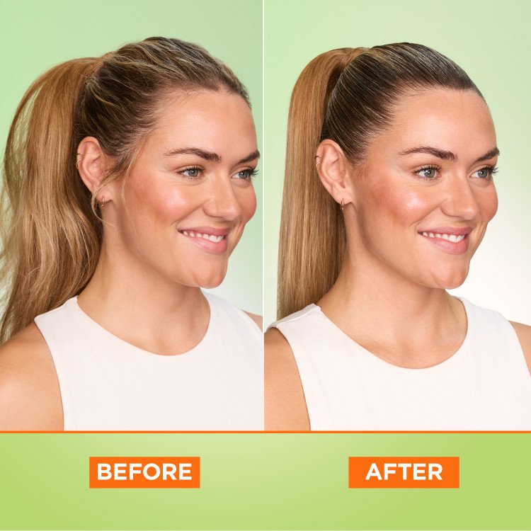 Before & after photos showcasing the sleek and shiny results achieved using the Garnier Fructis Sleek & Shine system.
